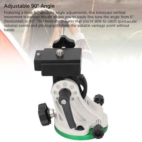 Easy Setup Equatorial Mount Base showing 90-degree adjustable feature with knobs and black metal structure on top of white body.