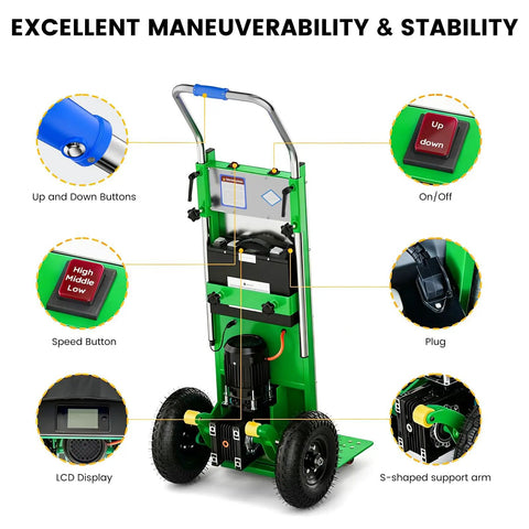 Electric Stair Climbing Dolly With 1200W Motor close-up showing controls, LCD display, and sturdy wheels for easy use.