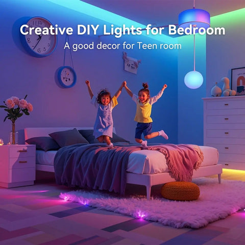 Children playing in a colorful bedroom lit by Ultra Long 100 Ft Color Changing LED Strip Lights For Bedroom With 44 Key Remote 24V RGB