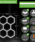 Hexagon LED Garage Light 168W 18480LM 5-Grid Honeycomb Lighting System with accessories and dimensions shown