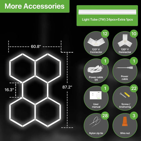 Hexagon LED Garage Light 168W 18480LM 5-Grid Honeycomb Lighting System with accessories and dimensions shown