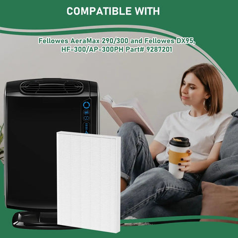 AeraMax 300 True HEPA Replacement Filter 3 Pack with Fellowes purifier next to woman on sofa, reading and drinking coffee.