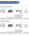 Installation instructions for Crazy Bright 70W LED Full Cutoff Wall Pack with diagrams and steps for junction box and conduit mounting.