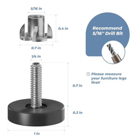 Quarter Inch Thread Furniture Leveling Feet Bundle Of Twelve Adjustable Levelers With T Nuts dimensions and drill bit recommendation.