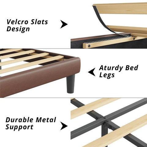 Close-up of Velcro slats design and sturdy bed legs of the Rock Solid Heavy Duty Queen Platform Bed Frame With Tufted Wingback Headboard.