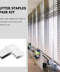 Heavy Duty Stainless Steel Shutter Louver Staple Repair Kit With Forty Window Shutter Nail Replacement Pieces For No Sweat Install And Rock Solid Toughness On All Exterior Shutters, shown with interior blinds.
