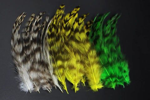 Natural Grizzly Rooster Hackle Feathers For Fly Tying Dope 30 Pcs Set White Yellow Green 10 To 15 Cm Long Realistic Fishing
