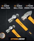 Five Piece Fiberglass Handle Hammer And Mallet Set For Demolition And Metal Working with 16oz Ball Peen 32oz Ball Peen 3lb Cross Pein