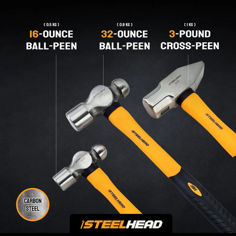 Five Piece Fiberglass Handle Hammer And Mallet Set For Demolition And Metal Working with 16oz Ball Peen 32oz Ball Peen 3lb Cross Pein