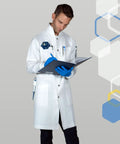 Male model wearing Mens Science Lab Coat White 100 Percent Cotton Long Fit With Snap Closures Cuffs Howie Collar for Chem Nerds