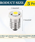Hella Solid E10 Screw Base LED Bulbs, 5 Pack Mini White Glow Indicators For Flashlights And Car Dashboards, DC 8 To 9 Volt Power, Totally Knockout Small Size - showing size and specifications.