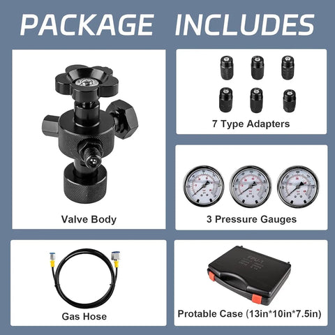 Heavy Duty Hydraulic Accumulator Charging Kit With Three Gauges And Seven Couplings In Aluminum Carry Case, package includes.