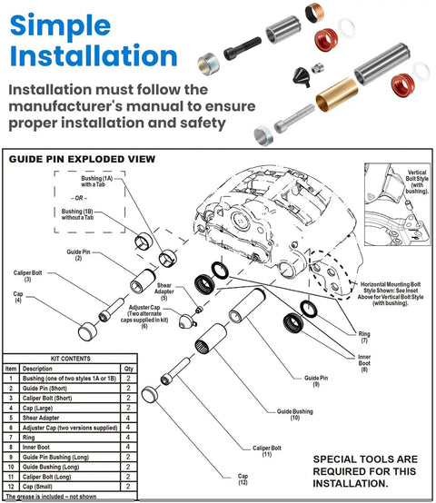 Exploded view of 2 Pack Caliper Guide Pin Kit For Bendix ADB22X Brake Systems Replacement Direct OEM fit components diagram