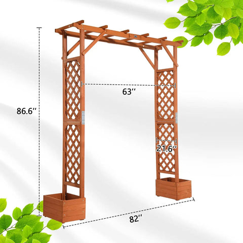 Wooden Garden Arbor With Planter Boxes And Wedding Arch For Outdoor Ceremony, trellis shown in golden brown fir wood, dimensions labeled