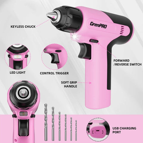 No Sweat Pink Cordless Drill 188 Piece Heavy Duty Tool Box For Women Home Repair Kit With Fast Charger showing key features and design.