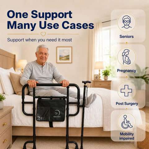 Elderly man using Built Tough Heavy Duty Bed Rail For Elderly And Plus Size Adults, supports up to 500 lbs. Ideal bedside support.