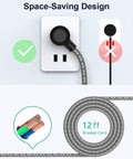 Flat plug design of 12Foot Power Strip Surge Protector With 6 Outlets And 4 USB Ports, braided extension cord, space-saving