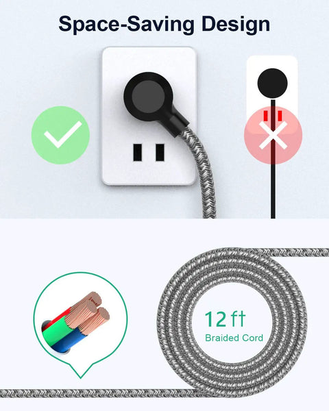 Flat plug design of 12Foot Power Strip Surge Protector With 6 Outlets And 4 USB Ports, braided extension cord, space-saving