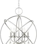 Aria Collection Five Arm Chandelier With Dangling Crystals In Brushed Nickel, Orb Ring Design, Dope Dining Room Lighting
