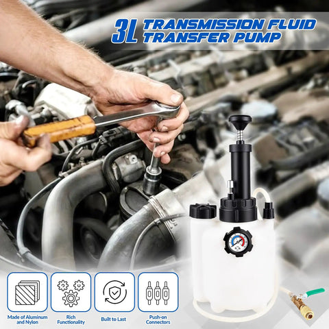 3L Transmission Fluid Transfer Pump Kit With 13 ATF Adapters, tool and gauge near car engine repair scene