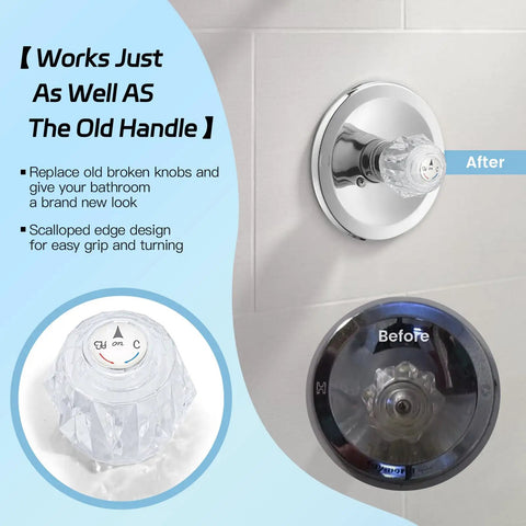 Faucet Handle Replacement Kit RP2391 For 600 Series Tub And Shower Faucets Clear Knob With Button and Set Screw Before and After View