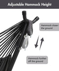 Adjustable height feature of durable outdoor hammock with space saving steel stand, close-up of dark gray poly cotton fabric.