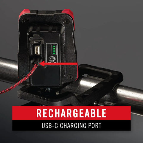 Rear view of Rechargeable Dual Power LED Work Light With Magnetic Clamp 1750 Lumen Bright Flood Beam with USB-C port on a pipe clamp.
