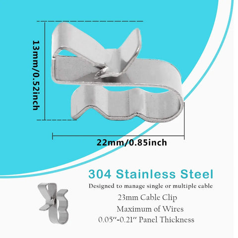 Heavy Duty Solar Panel Cable Clips Bulk 60 Pack Top Shelf Stainless Steel Wire Mounts For Rooftop PV Arrays close-up of 23mm stainless steel clip.