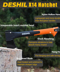 14 Inch Camping Hatchet With Carbon Steel Blade And Do It All Sheath shown with nylon handle and sharpened blade