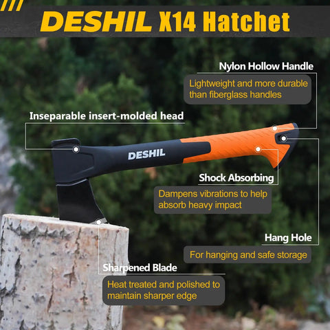 14 Inch Camping Hatchet With Carbon Steel Blade And Do It All Sheath shown with nylon handle and sharpened blade
