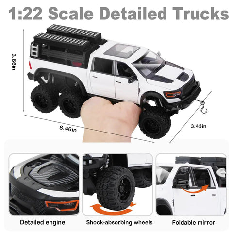 Tough As Nails 1 To 24 Diecast Off Road Pickup Toy Truck With Light And Sound, Metal Construction, 6x6 for Kids, 8.46x3.43x3.66" White