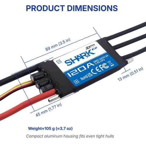 Product dimensions of Shark G2 120A ESC With Built In Switching BEC 5V And 6V 8A Water Cooled Bidirectional Waterproof Brushless Speed Controller