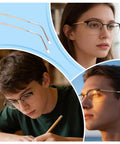 Gold Eyeglasses Repair Kit With Temple Arms Replacement Parts And Soft Nose Pads Plus Compact Screwdriver For Broken Frames displayed with two temple arms and images of users.