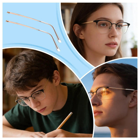Gold Eyeglasses Repair Kit With Temple Arms Replacement Parts And Soft Nose Pads Plus Compact Screwdriver For Broken Frames displayed with two temple arms and images of users.