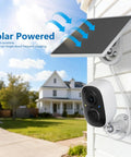 Solar Powered Wireless Outdoor Security Camera Set 2 Pack 2.4GHz WiFi Motion Detection Color Night Vision Spotlight mounted on house siding