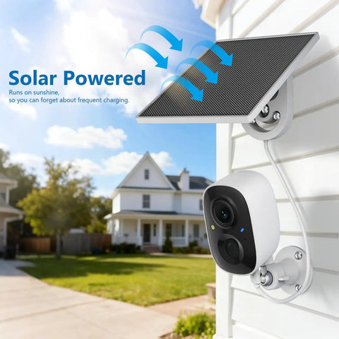 Solar Powered Wireless Outdoor Security Camera Set 2 Pack 2.4GHz WiFi Motion Detection Color Night Vision Spotlight mounted on house siding