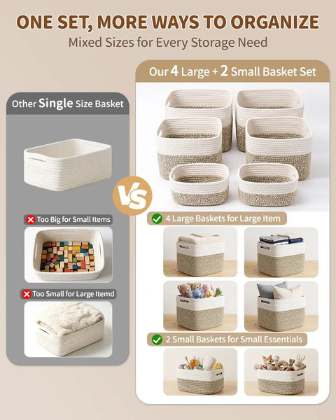 Get Your Home Sorted And Level Up Your Organization Game With This Six Piece Foldable Woven Storage Basket Set Perfectly Sized To Tackle Cabinet Clutter Clothes Sorting Toys And Daily Essentials Quick And Easy showing large and small woven baskets for organized storage.