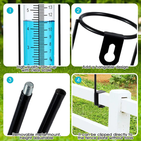 Beefy Clamp On Rain Gauge For Outdoor Use With Large Capacity Clear Scale Rust Proof Metal And Adjustable Height Great For Garden Yard Lawn Patio Farm Fence Rails Rain Meter clipped to fence