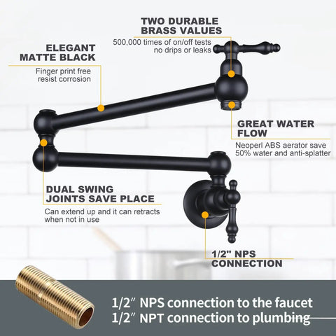 Image of Matte Black Pot Filler Faucet Wall Mount Over Stove With Double Joint Swing Arms Brass Construction Fingerprint Resistant Finish Easy To Use And Clean Top Notch Kitchen Faucet Solution For Time Saving And Stress Free Cooking showing features and brass values.