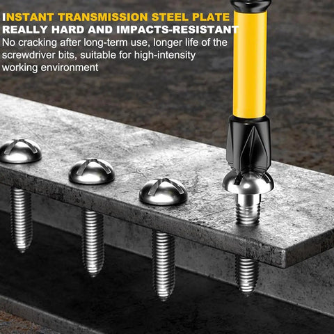 Super Sleek 6 Pc Magnetic Drill Bit Set With Quick Change Screwdriver Bits In 4 Sizes Made From Gritty S2 Steel For Tough Home Repairs And Jobsite Projects That Need A Reliable Anti Slip Grip For All Your DIY Adventures. Magnetic S2 steel bit driving screws into steel plate