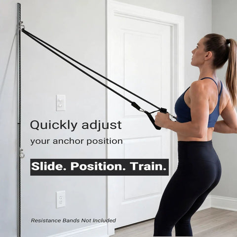 Solid Dual Sliding Wall Anchor Rail System With Adjustable Height For Resistance Bands And Suspension Trainers Made From Heavy Duty Aluminum in use.
