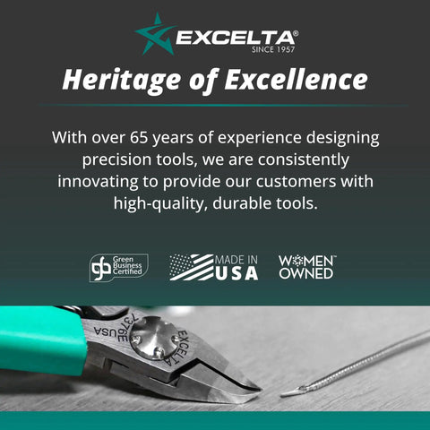 Excelta precision tool and wire on gray surface with heritage of excellence message, showcasing Made in USA badge