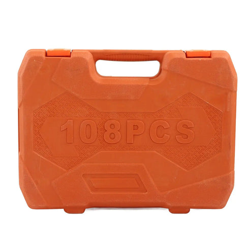 Orange carrying case for 108 Piece Impact Socket Set Built From Chrome Vanadium Steel Heavy Duty Workhorse All In One Wrench And Bit Kit
