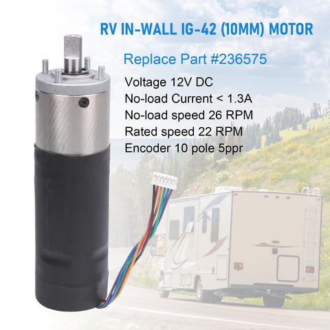 Nirakoka RV In Wall Slide Out Motor 236575 Replacement For Lippert Schwintek In Wall Slide System displayed with technical specs.