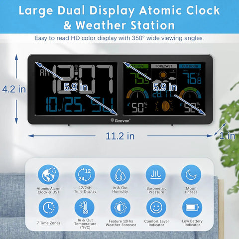 Wireless Indoor Outdoor Weather Station With Atomic Clock, Large 5.9 Inch HD Color Display, Digital Temperature Humidity Monitor