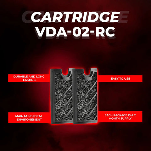 Replacement Carbon Cartridge 2 Pack for Venti VDA-02 03 04 Filtration shown with highlights of features on red background.
