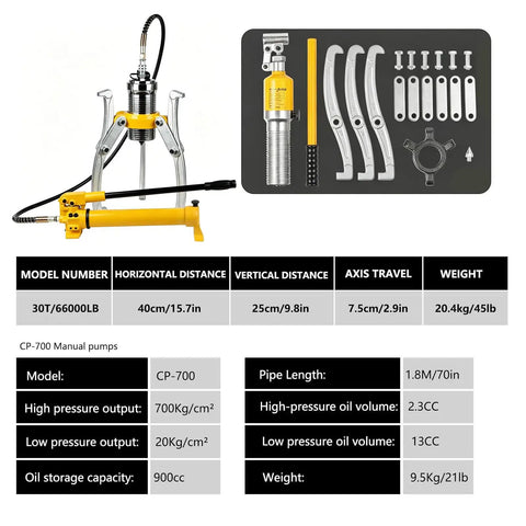 Hella Durable Hydraulic Gear Puller Set With Hand Pump 50 Ton Badass Force showcasing pump specs and tool components.