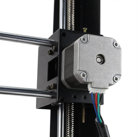 NEMA 17 stepper motor with silver housing mounted on a 3D printer axis; white connector with multi-colored wires.