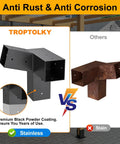 Image showing a stainless steel Fifteen Degree Slanted Roof Wall Mount 4 By 4 Pergola Bracket Kit next to rusted bracket comparison