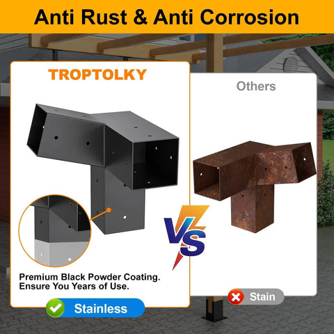 Image showing a stainless steel Fifteen Degree Slanted Roof Wall Mount 4 By 4 Pergola Bracket Kit next to rusted bracket comparison